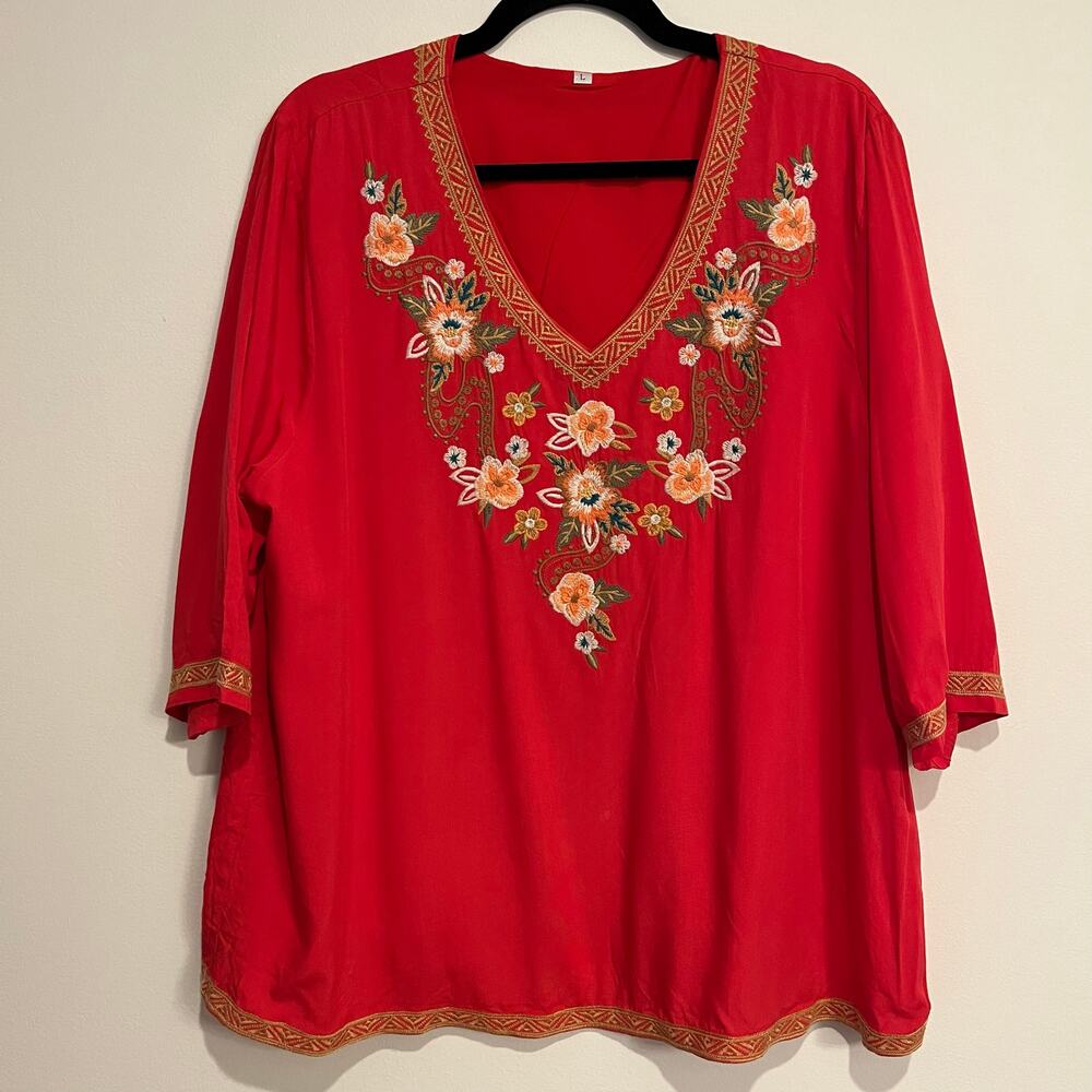 Womens Shirt Blouse V-Neck Floral Embroidered Red 100% Rayon‎ Size Large